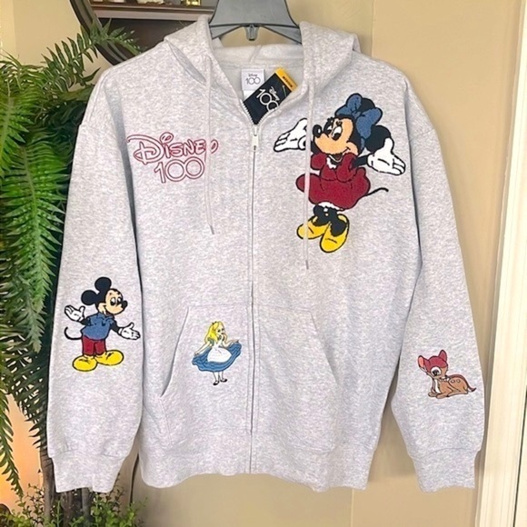 Brand New Disney 100 Heather Gray Zippered Hoodie Sweatshirt Minnie Mickey Bambi - Picture 2 of 16